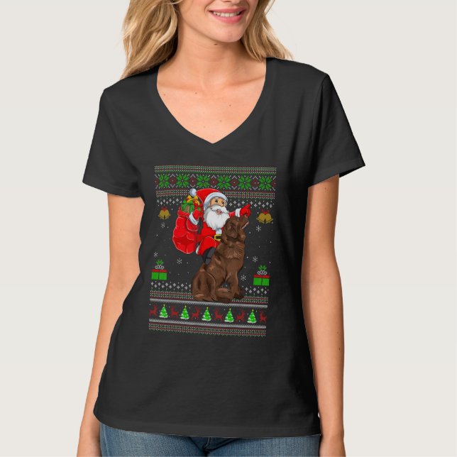 Camiseta Ugly Xmas Santa Riding Newfoundland Dog Christmas (Frente)