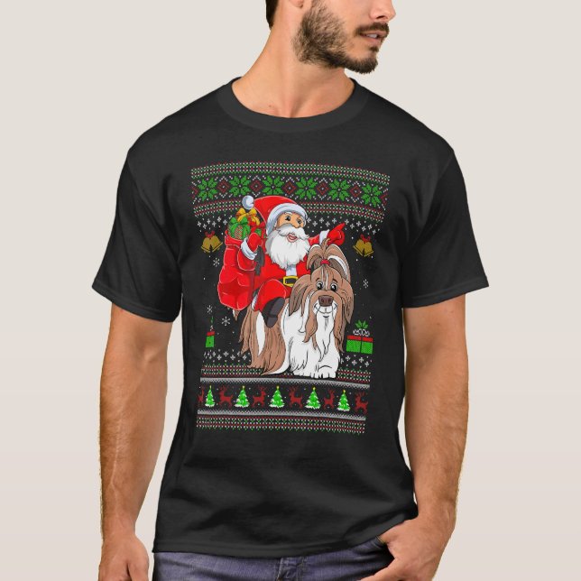Camiseta Ugly Xmas Santa Riding Shih Tzu Dog Christmas (Frente)
