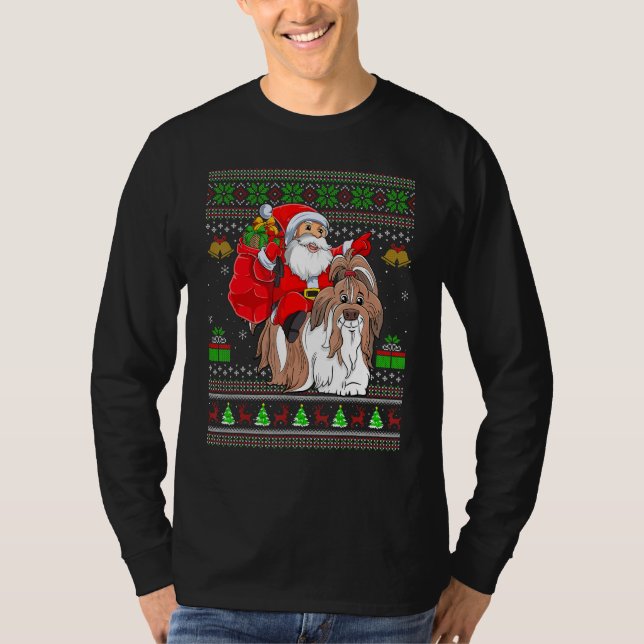 Camiseta Ugly Xmas Santa Riding Shih Tzu Dog Christmas (Frente)