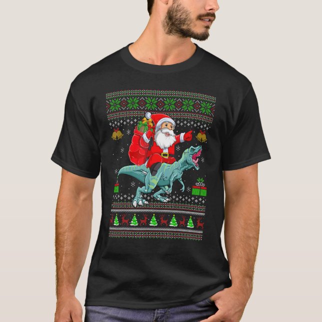 Camiseta Ugly Xmas Santa Riding Tyrannosaurus Dinosaur Chri (Frente)