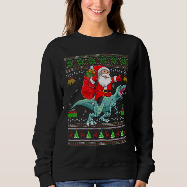 Camiseta Ugly Xmas Santa Riding Tyrannosaurus Dinosaur Chri (Frente)