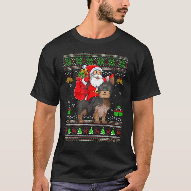 Camiseta Ugly Xmas Santa Riding Yorkshire Terrier Dog Chris (Frente)