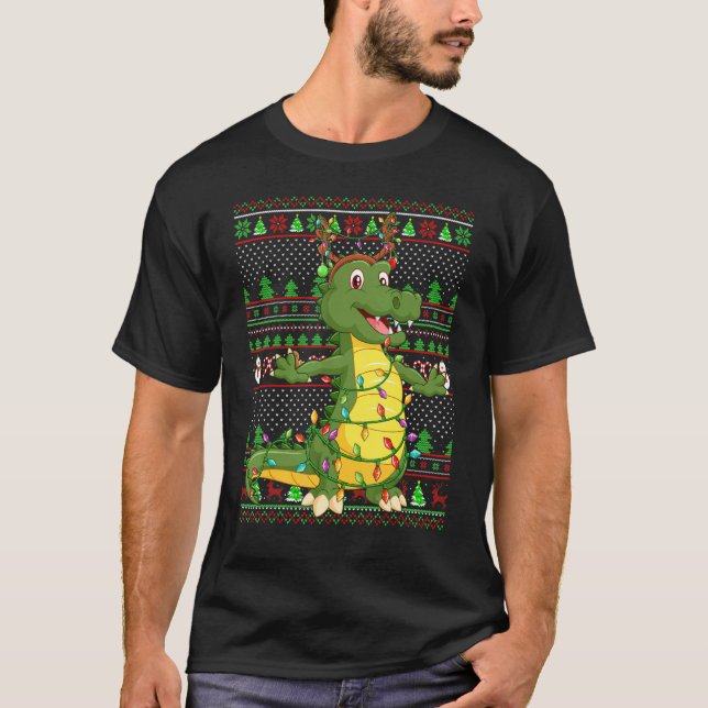 Camiseta Ugly Xmas Sweater Style Lighting Alligator Christm (Frente)