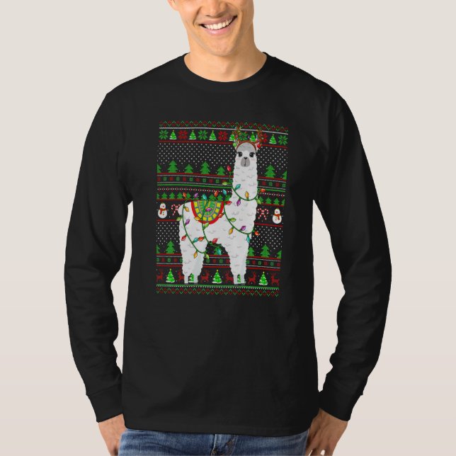 Camiseta Ugly Xmas Sweater Style Lighting Alpaca Christmas  (Frente)