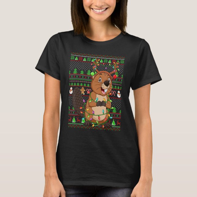 Camiseta Ugly Xmas Sweater Style Lighting Beaver Christmas (Frente)