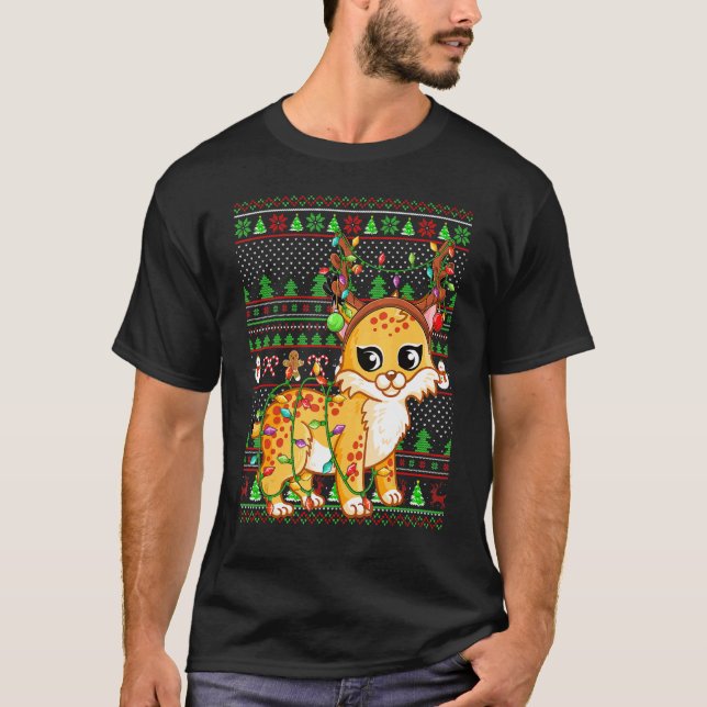 Camiseta Ugly Xmas Sweater Style Lighting Bobcat Christmas (Frente)