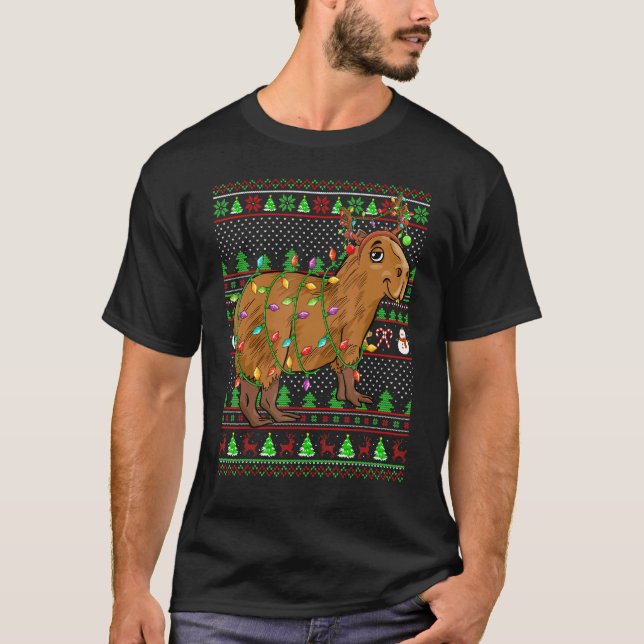 Camiseta Ugly Xmas Sweater Style Lighting Capybara Christma (Frente)