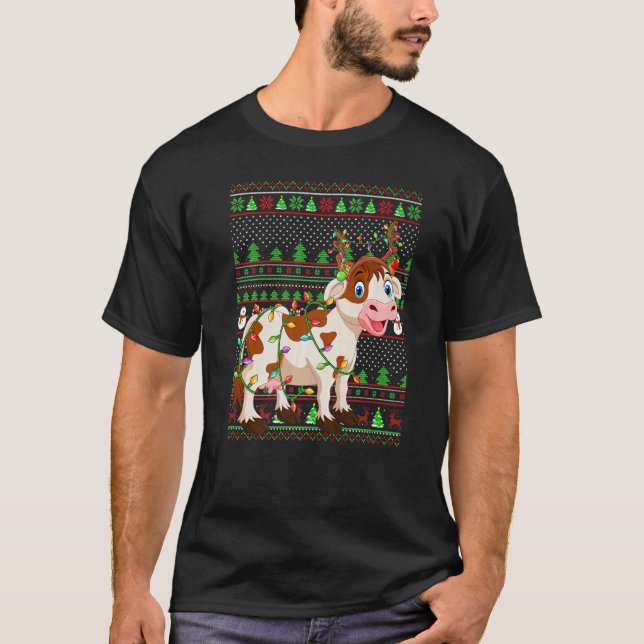 Camiseta Ugly Xmas Sweater Style Lighting Cattle Christmas  (Frente)