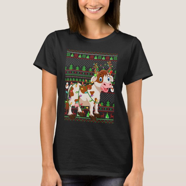 Camiseta Ugly Xmas Sweater Style Lighting Cattle Christmas (Frente)
