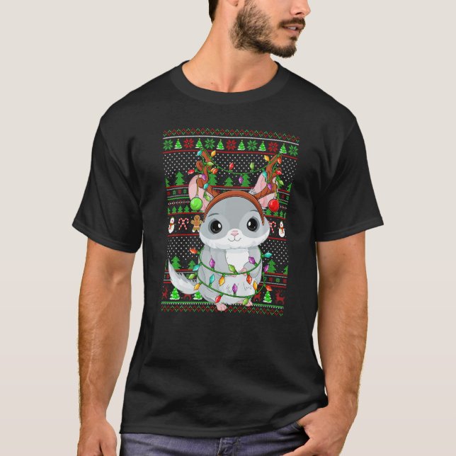 Camiseta Ugly Xmas Sweater Style Lighting Chinchilla Christ (Frente)