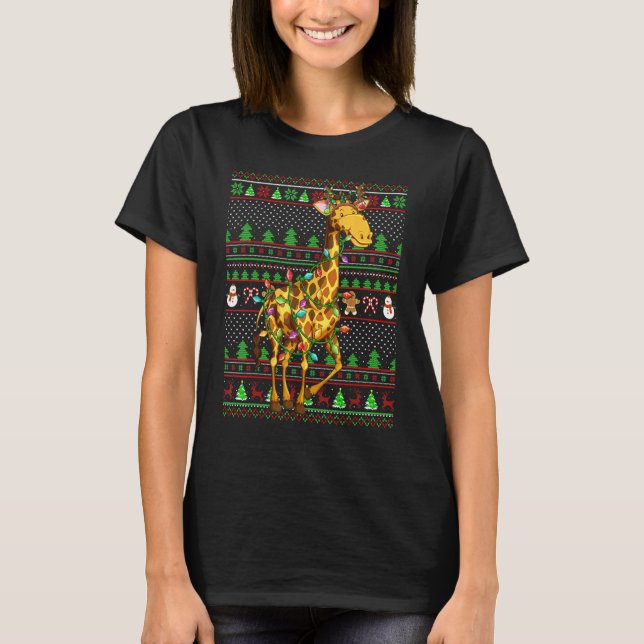 Camiseta Ugly Xmas Sweater Style Lighting Giraffe Christmas (Frente)