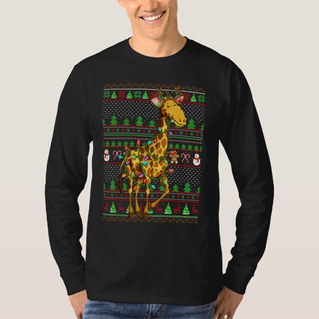 Camiseta Ugly Xmas Sweater Style Lighting Giraffe Christmas (Frente)