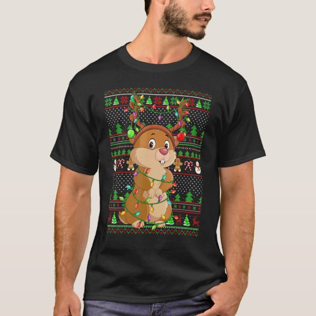 Camiseta Ugly Xmas Sweater Style Lighting Gopher Christmas (Frente)