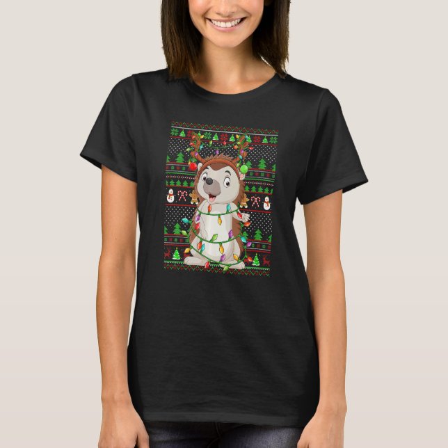 Camiseta Ugly Xmas Sweater Style Lighting Hedgehog Christma (Frente)
