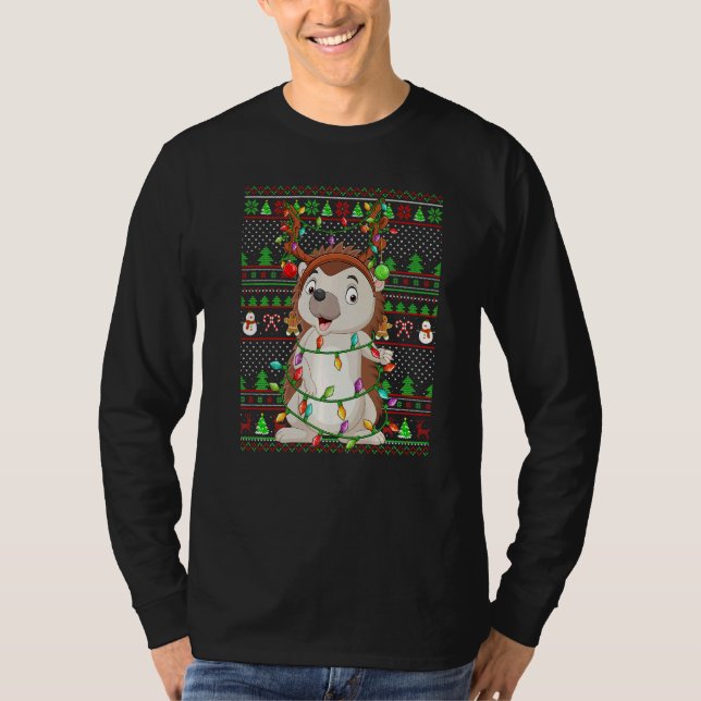 Camiseta Ugly Xmas Sweater Style Lighting Hedgehog Christma (Frente)