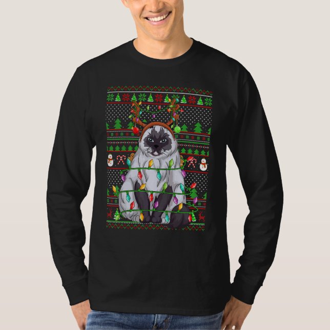 Camiseta Ugly Xmas Sweater Style Lighting Himalayan Cat Chr (Frente)