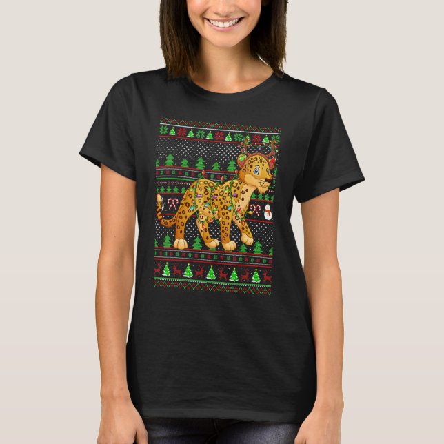 Camiseta Ugly Xmas Sweater Style Lighting Leopard Christmas (Frente)