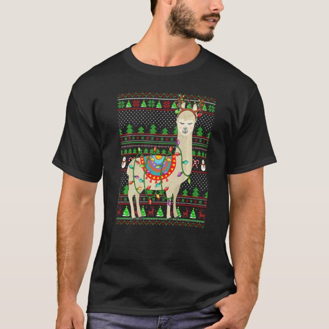 Camiseta Ugly Xmas Sweater Style Lighting Llama Christmas (Frente)