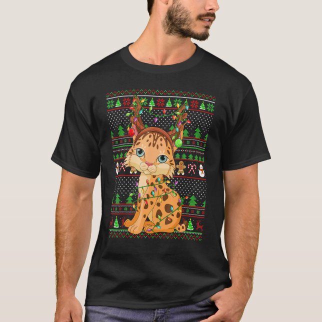 Camiseta Ugly Xmas Sweater Style Lighting Lynx Christmas (Frente)