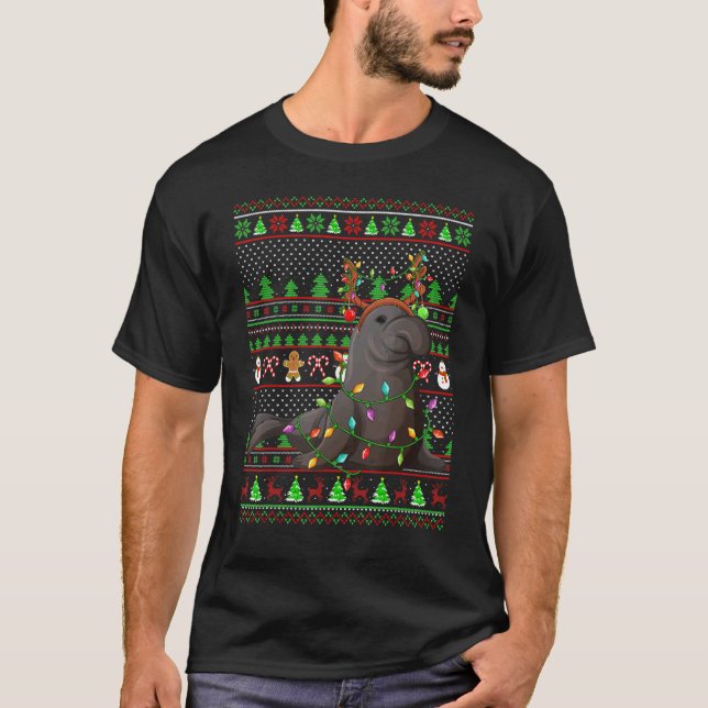 Camiseta Ugly Xmas Sweater Style Lighting Manatee Christmas (Frente)