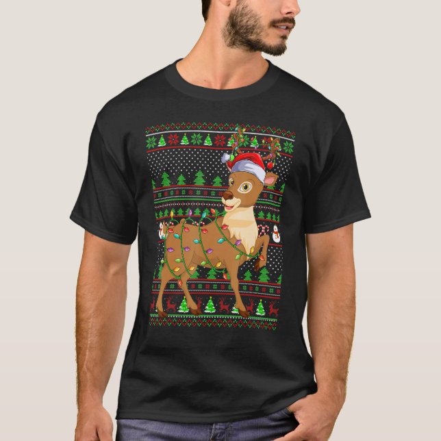 Camiseta Ugly Xmas Sweater Style Lighting Reindeer Christma (Frente)