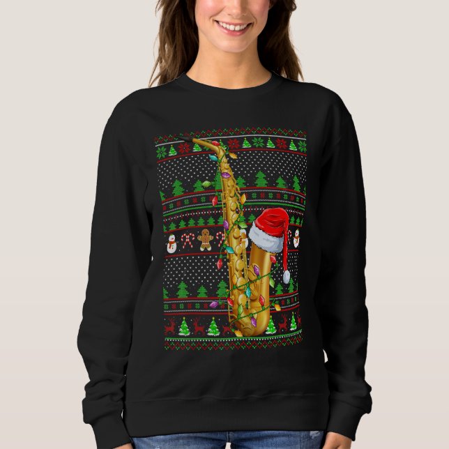 Camiseta Ugly Xmas Sweater Style Lighting Saxophone Christm (Frente)