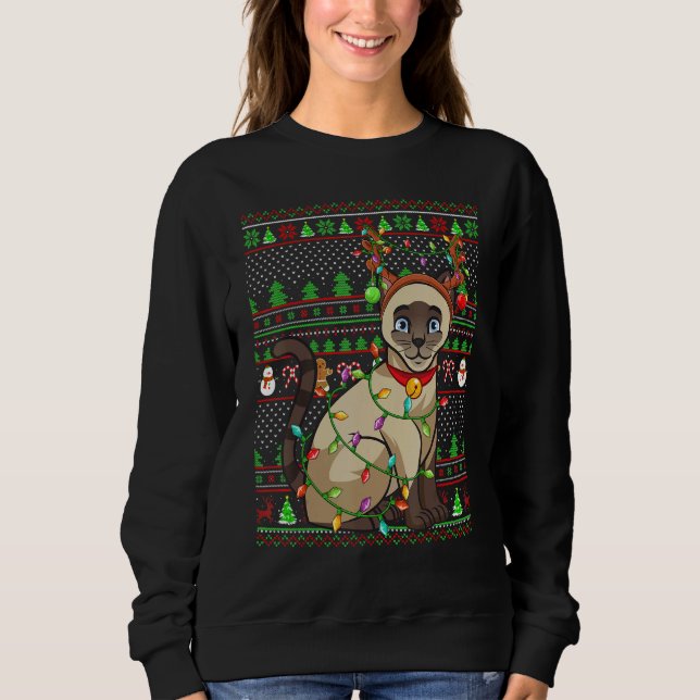 Camiseta Ugly Xmas Sweater Style Lighting Siamese Cat Chris (Frente)
