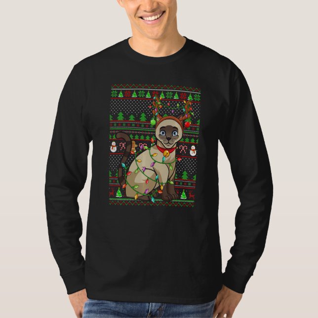 Camiseta Ugly Xmas Sweater Style Lighting Siamese Cat Chris (Frente)