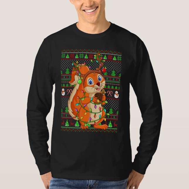 Camiseta Ugly Xmas Sweater Style Lighting Squirrel Christma (Frente)