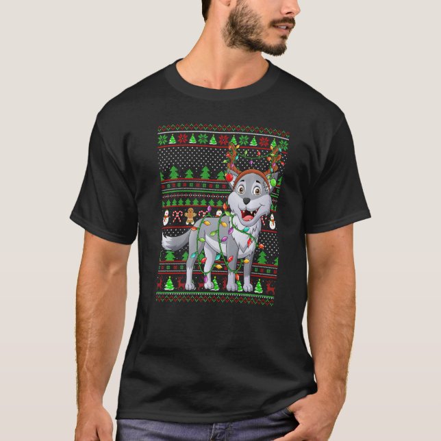Camiseta Ugly Xmas Sweater Style Lighting Wolf Christmas   (Frente)