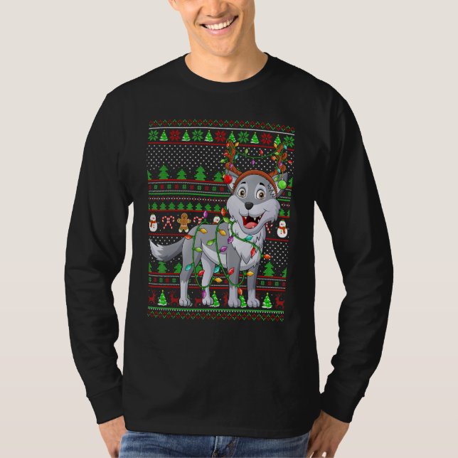 Camiseta Ugly Xmas Sweater Style Lighting Wolf Christmas (Frente)