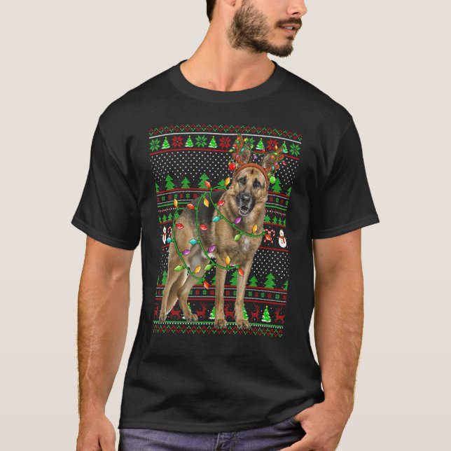 Camiseta Ugly Xmas Sweater Style Lights German Shepherd Dog (Frente)