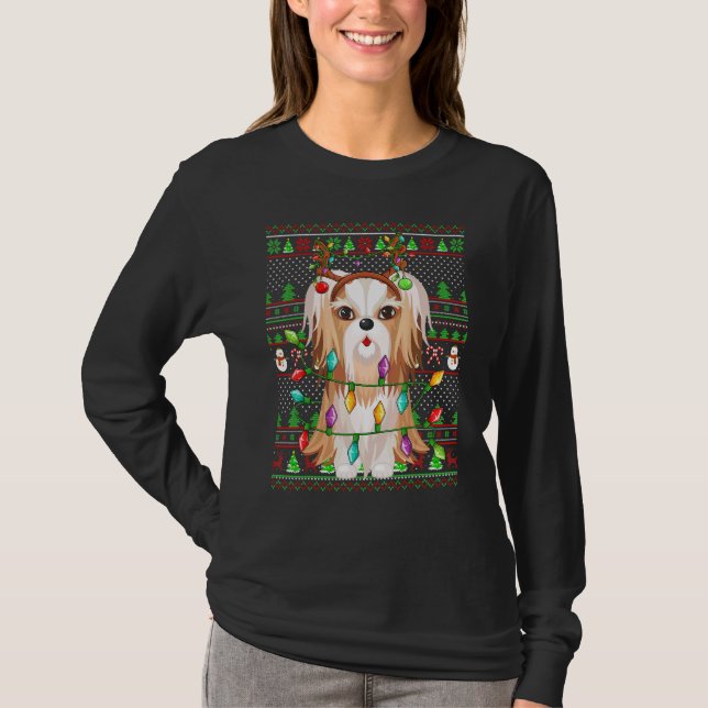 Camiseta Ugly Xmas Sweater Style Lights Shih Tzu Dog Christ (Frente)