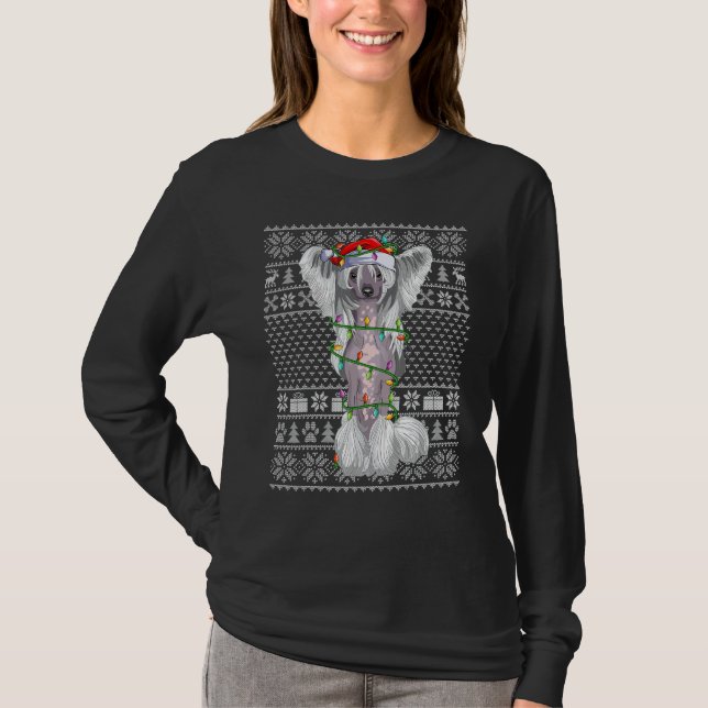 Camiseta Ugly Xmas Sweater Style Santa Chinese Crested Dog  (Frente)