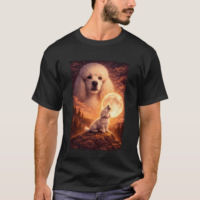 Camiseta Uivando para a Lua Cachorro de Poodle Místico Vint (Frente)
