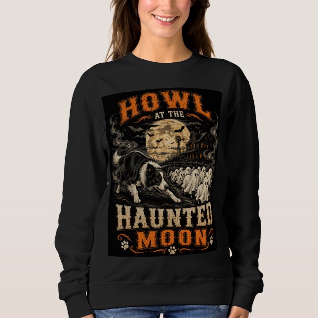 Camiseta Uivar à Lua Assombrada Border Collie Halloween G (Frente)