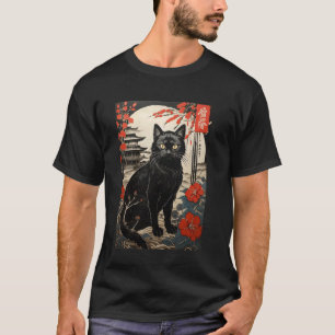 Camiseta Ukiyo-e Gato Preto - Estilo Xilogravura Japonesa c