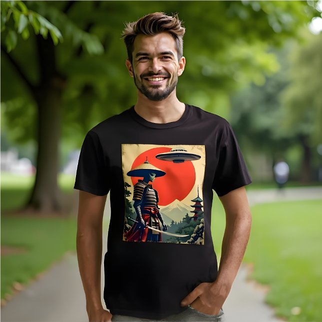 Camiseta Ukiyo-e Japonês Paisagem Arte Encantada Alienígena (Funny Alien Samurai T-Shirt. )