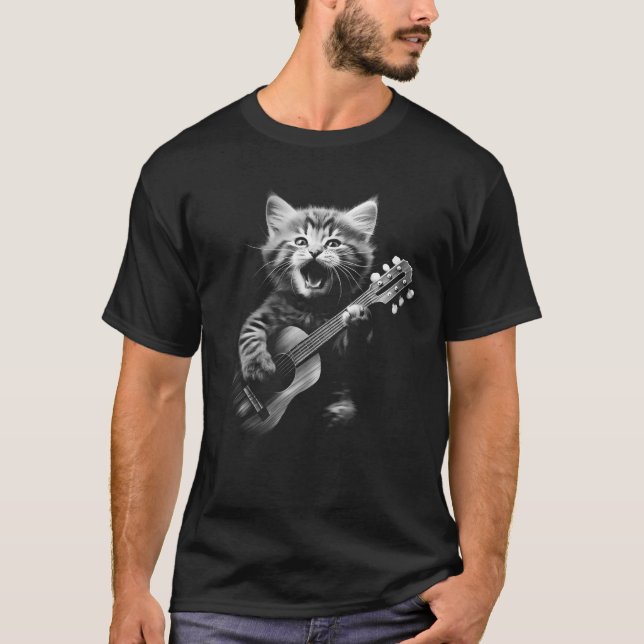 Camiseta Ukulele Cat Cute Cat Tocando 6 Cordas Guitarra (Frente)