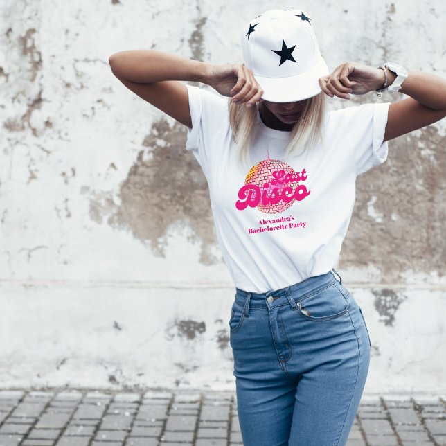 Camiseta Última Festa de solteira de Disco Rosa 70 (Criador carregado)