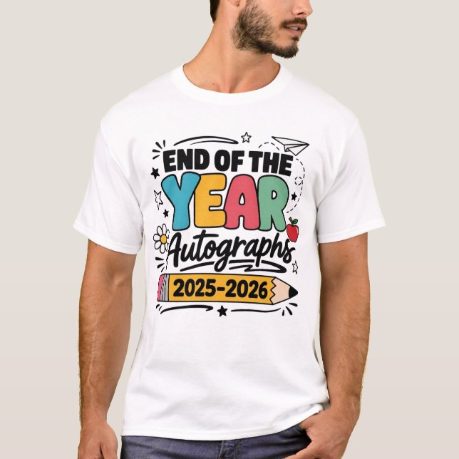 Camiseta Último Dia de Aula Autógrafos de Fim de Ano 2026 (Frente)