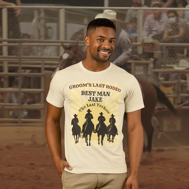 Camiseta Último Rodeo Cowboys Sunset Melhor Solteiro de Nom (Last Rodeo Cowboys Sunset Best Man Name Bachelor T-Shirt)