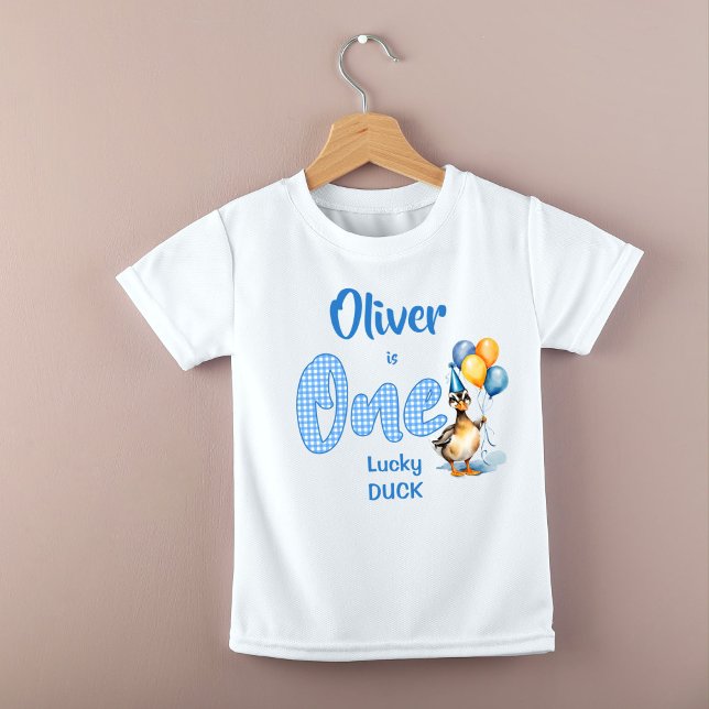 Camiseta Um aniversário de gingham azul de pato sortudo imp (One lucky duck blue gingham birthday printed baby T-Shirt birthday photo props )