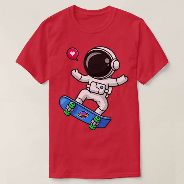 Camiseta Um Astronauta Cónico Reproduzindo Cartoon de skate (Frente do Design)