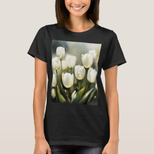 Camiseta Um bando de Tulipas Brancas em um Jardim Serene