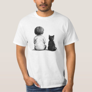 Camiseta um bebê e um gato sentados juntos