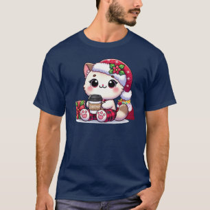 Camiseta Um Bebendo de Gato Kawaii de Natal bonito