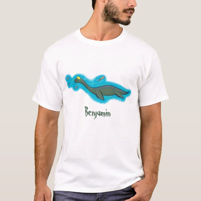Camiseta Um belo e feliz cartoon de monstro do mar, plesios (Frente)