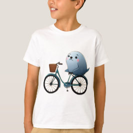 Camiseta Um belo selo de animação em uma bicicleta
