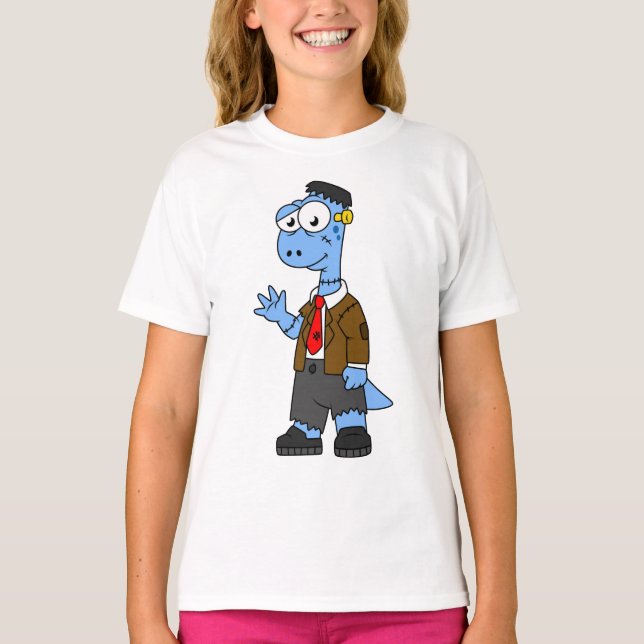 Camiseta Um Brontosauro De Cartoon Vestiu Como Frankenstein (Frente)